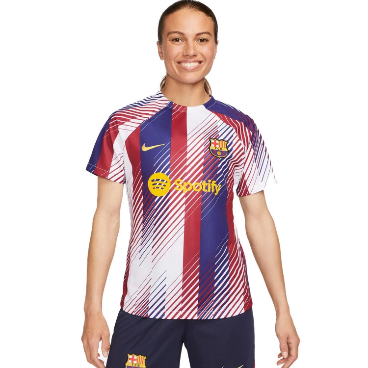 Jersey Nike Women FC Barcelona Pre Match 2023 2024 White Noble Red University Gold Futbol Emotion